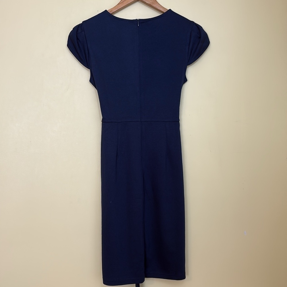 Manydress | NWT Navy Blue Cap Sleeve Belted Unlined Midi Dress Medium - Picture 11 of 14